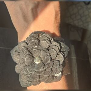 Hand Crafted Black Leather Floral Bracelet